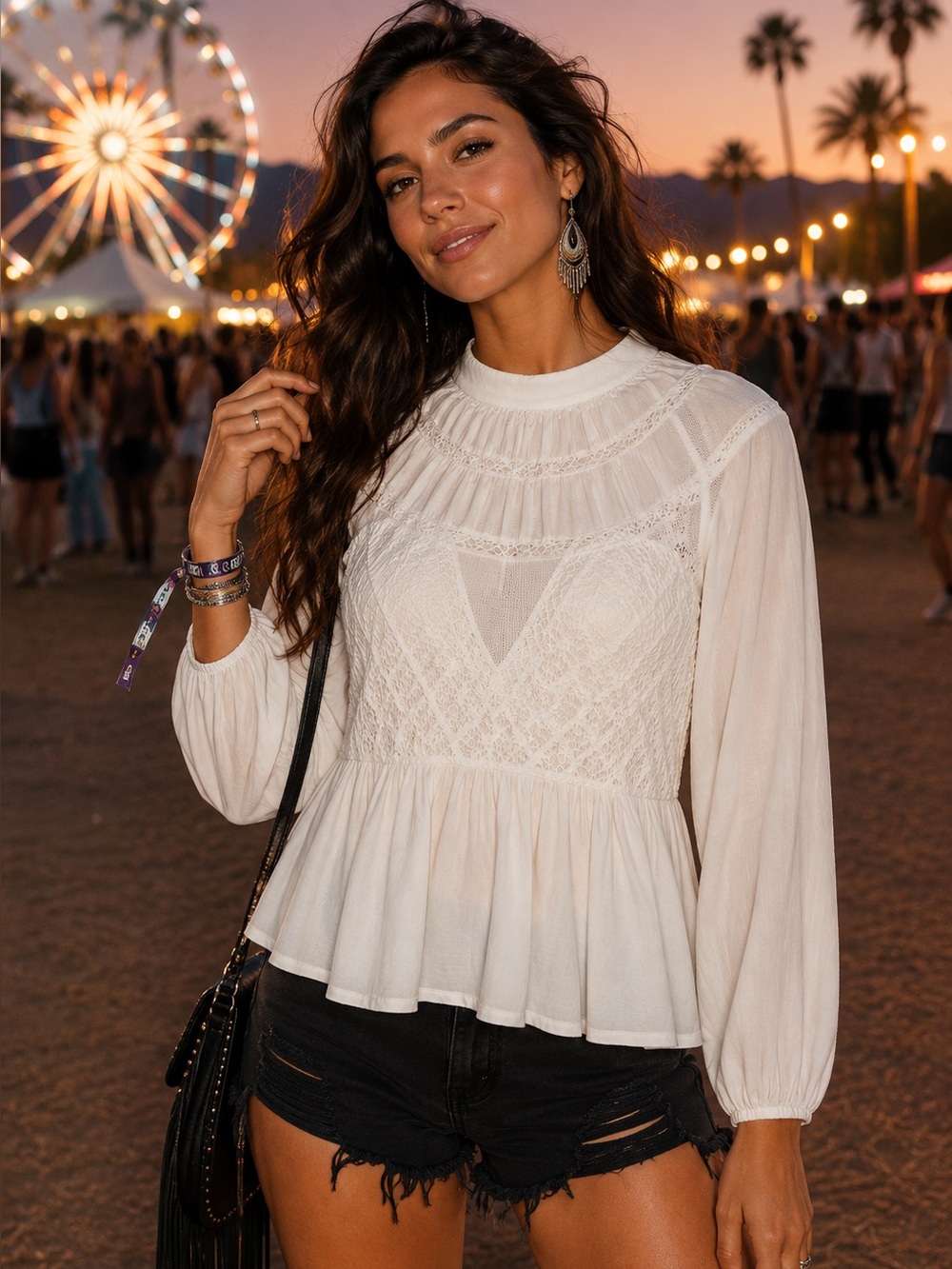 FREE PEOLE Mixed Media Button Neckline Bohemian Ivory Peplum Blouse, M